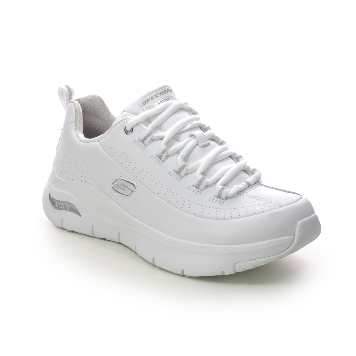 Skechers Synergy Arch Fit Wide White Silver Womens Trainers 149146W In Size 4 In Plain White Silver