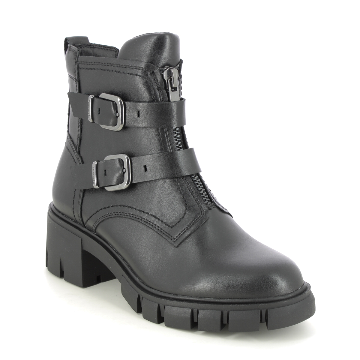 Tamaris Savannah Buckle Black leather Womens Biker Boots 25420-41-001 in a Plain Leather and Man-made in Size 41