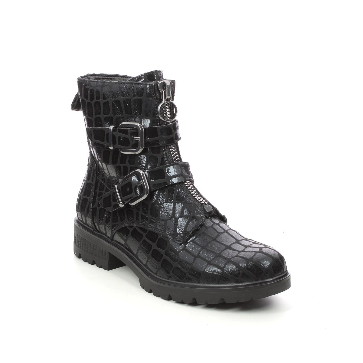 Tamaris Zeya   15 Black Patent Suede Womens Biker Boots 25454-27-006 In Size 37 In Plain Black Patent Suede